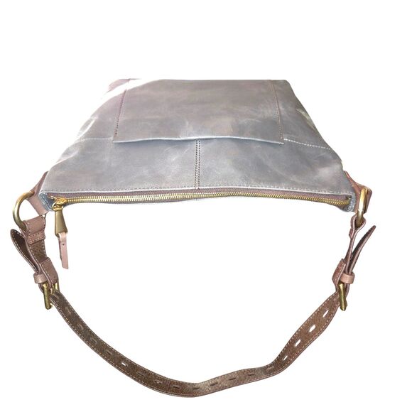 HOBO Charlie Grey Leather Shoulder Bag W/ Brown Strap & Brass Hardware 13"X9"X5" - Picture 5 of 14